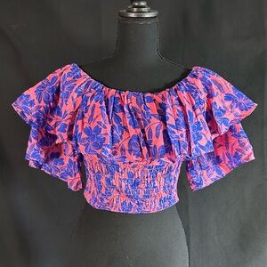 Olivaceous Vibrant Floral Ruffle Blouse - Pink and Blue